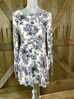 American Eagle Boho Botanical Floral Dress M Cream Blue Brown Empire Waist Tie S